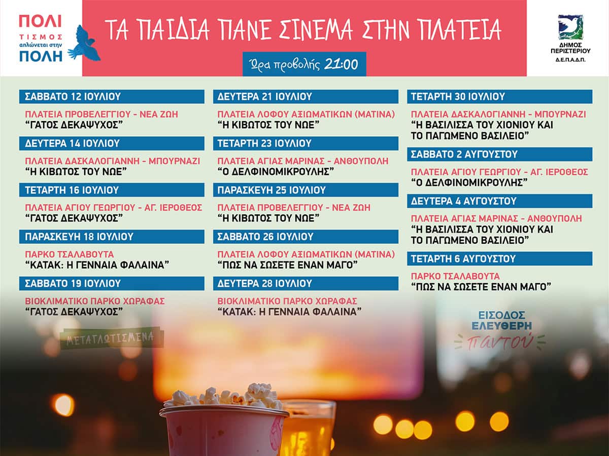 Θερινό σινεμά για παιδιά στο Περιστέρι: Δωρεάν προβολές